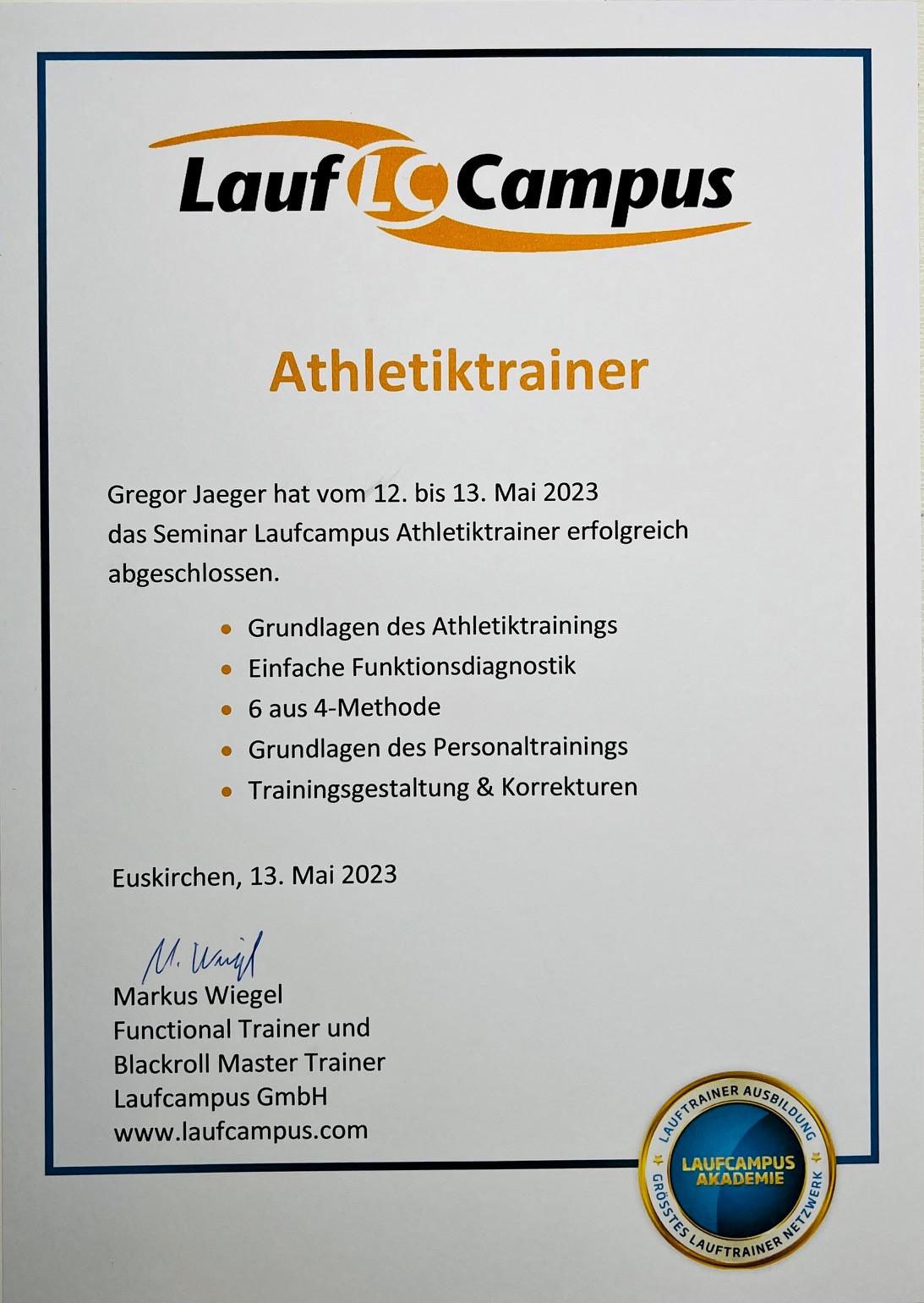 Zertifikat Athletiktrainer