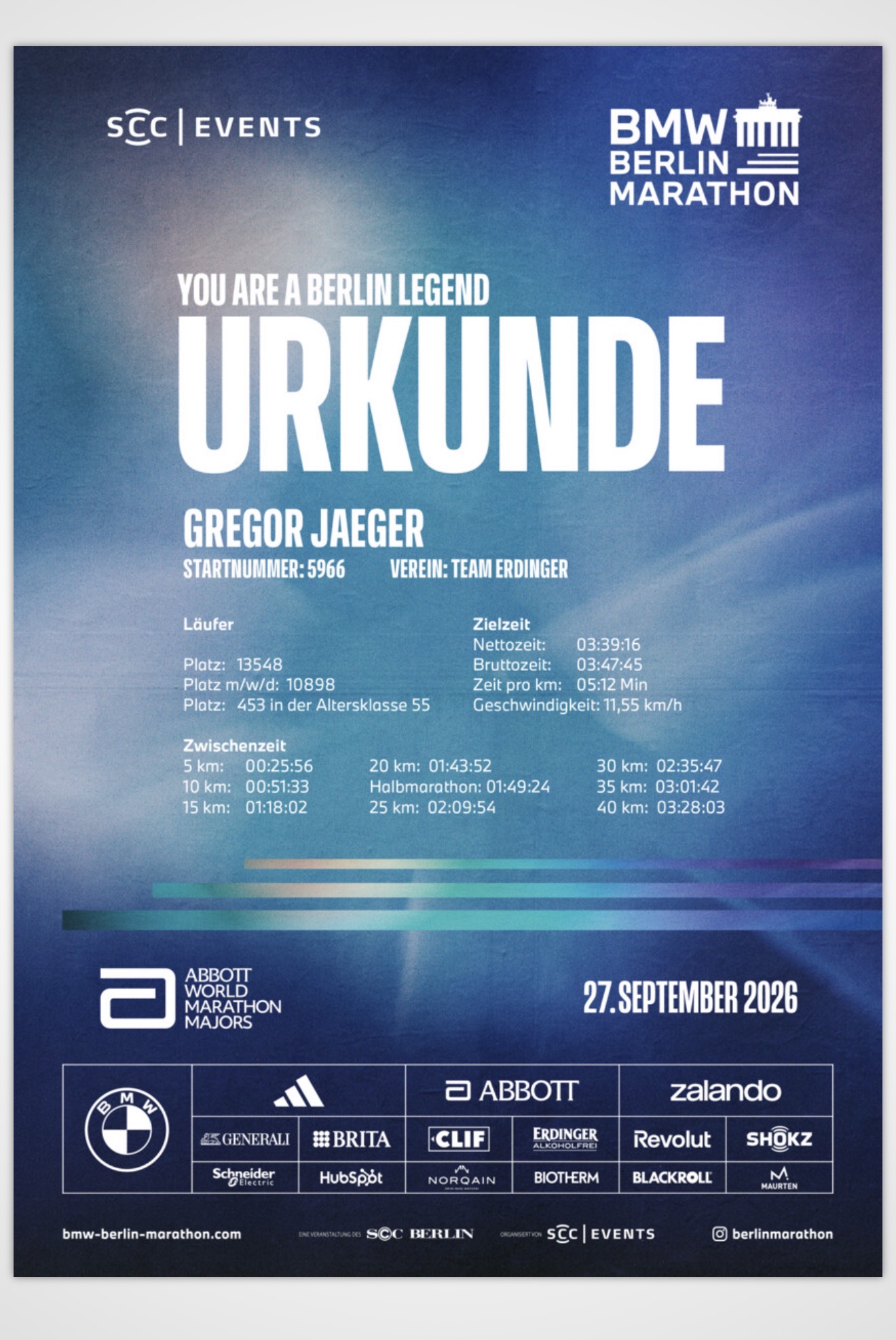 Offizielle Urkunde von Gregor Jaeger beim Berlin-Marathon 2026 mit Zielzeit 3 Stunden 39 Minuten 16 Sekunden