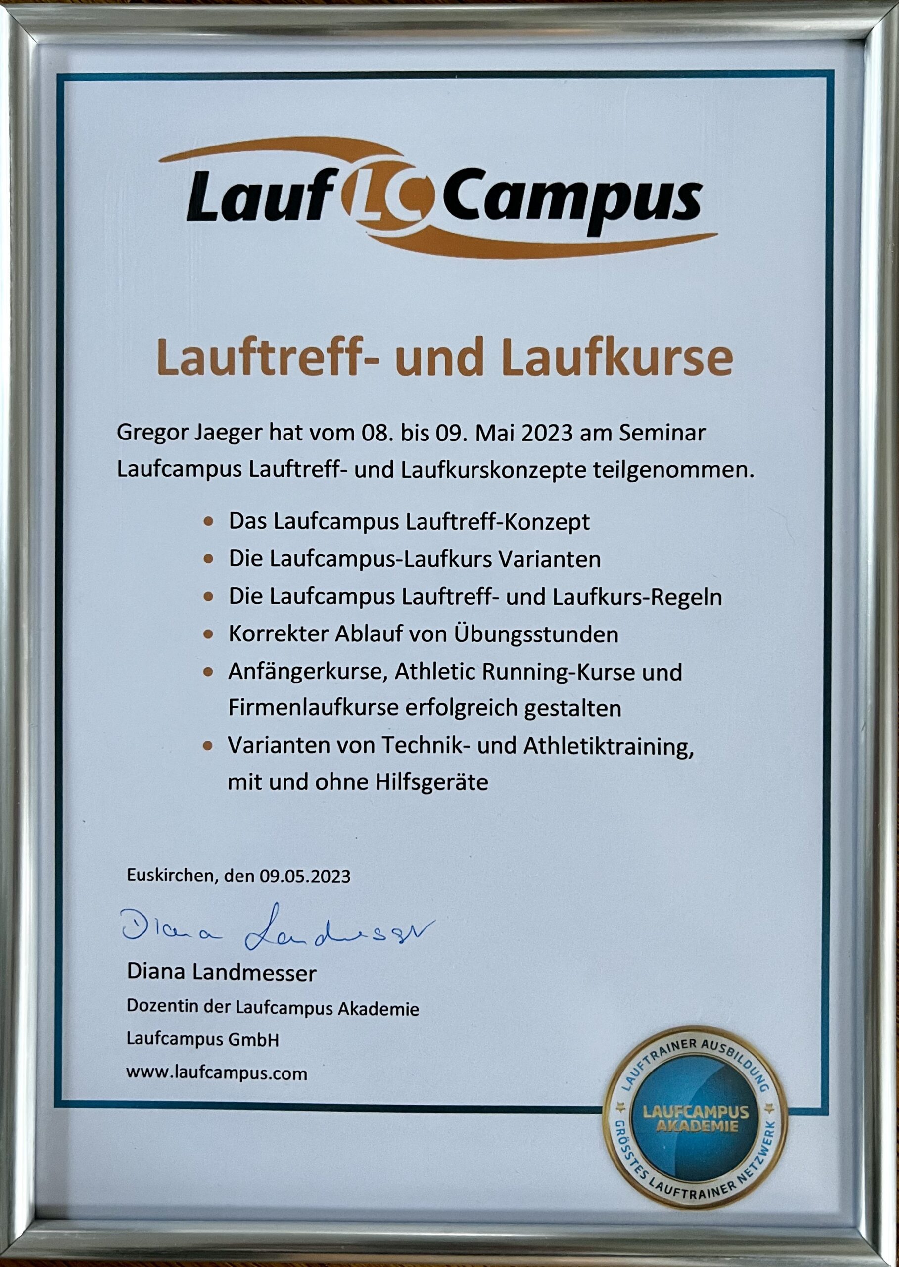 Zertifikat Lauftreff- und Laufkurse