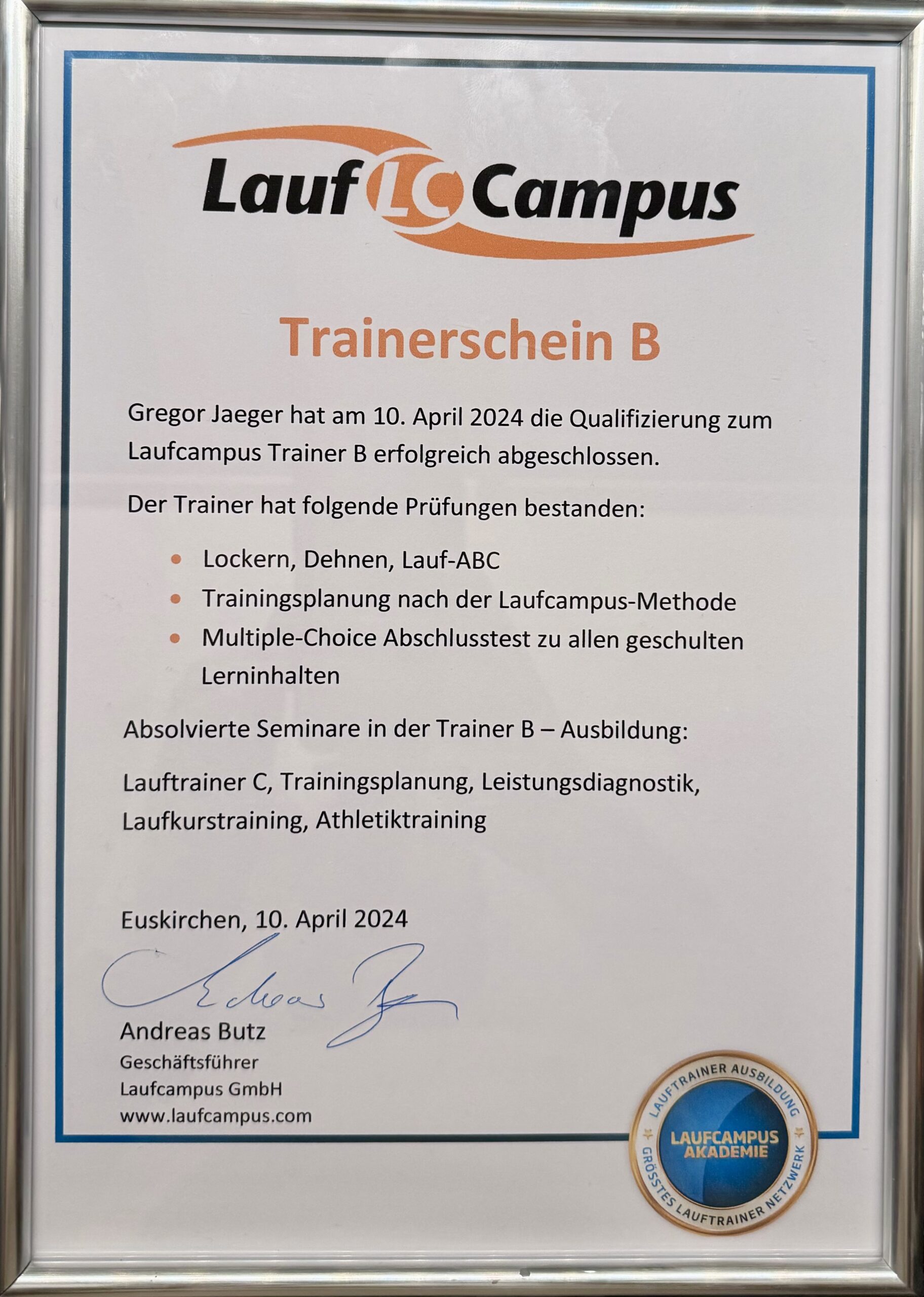 Zertifikat Trainerschein B