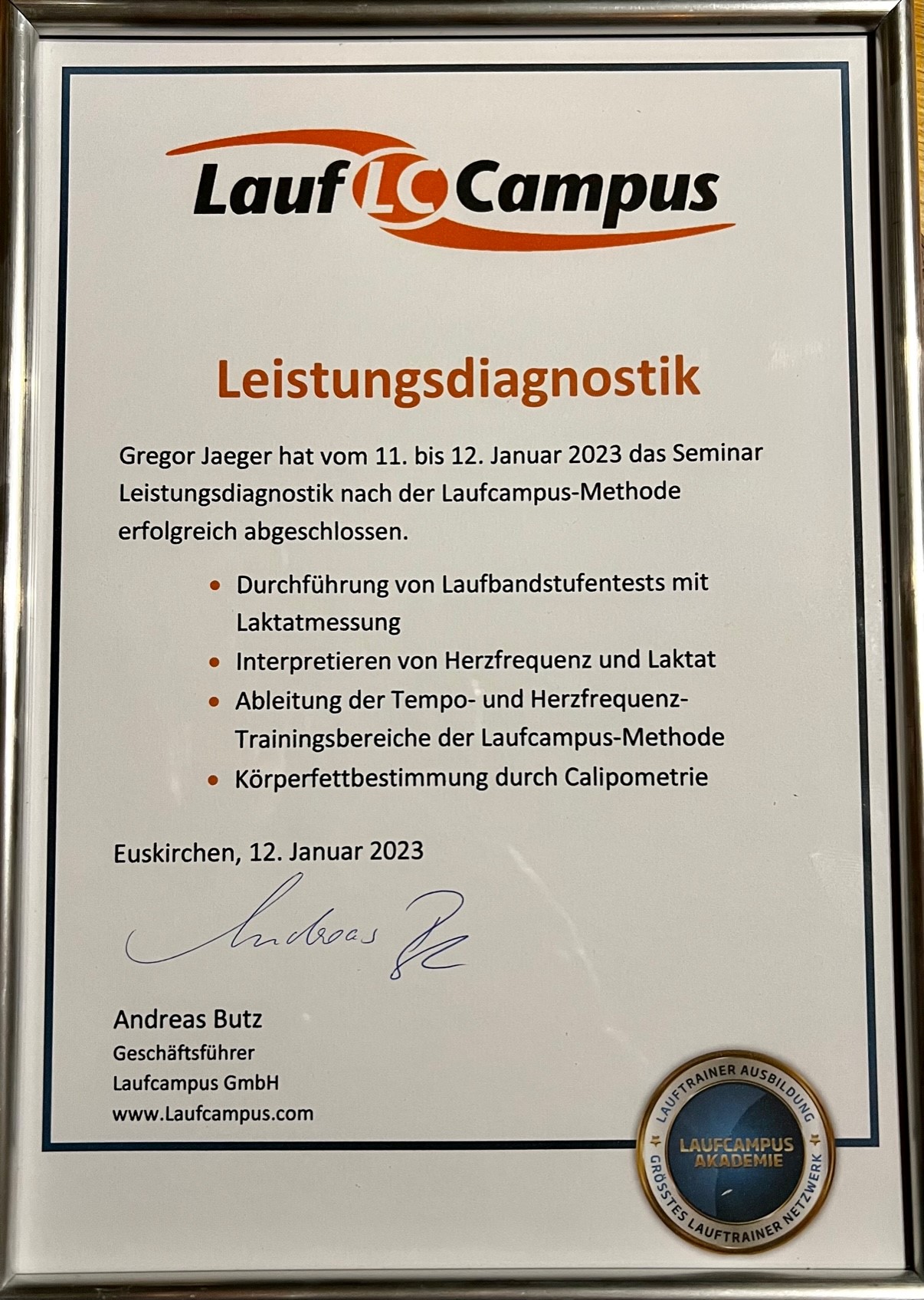 Zertifikat Leistungsdiagnostik
