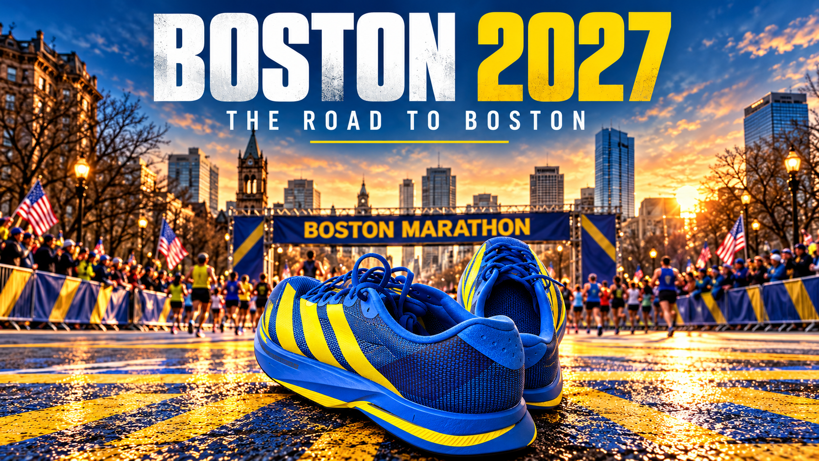 KI-gestützte Titelillustration zur Vorbereitung auf den Boston Marathon 2027 mit Laufschuhen und Bostoner Skyline