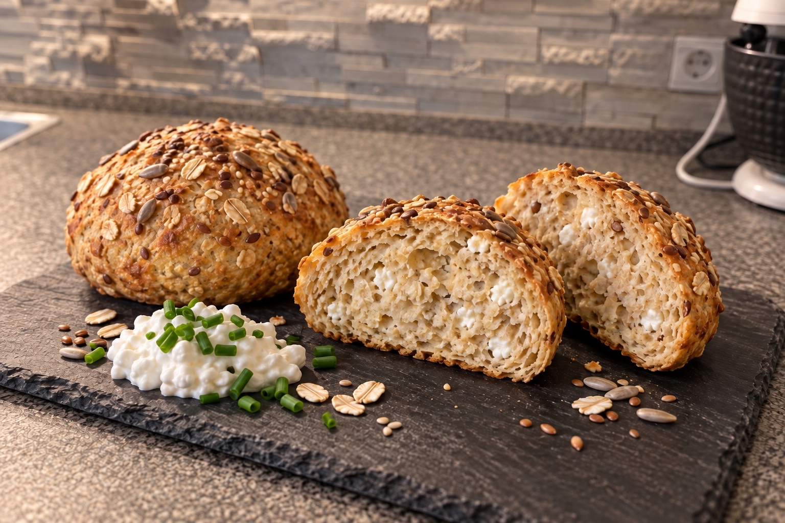 Hüttenkäse-Hafer-Brötchen im Anschnitt mit körnigem Frischkäse und Schnittlauch
