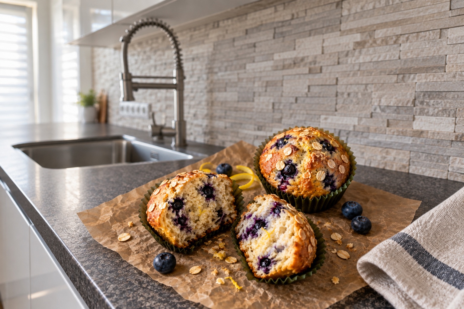 Skyr-Zitronen-Protein-Muffin im Anschnitt auf Backpapier in Gregors Küche