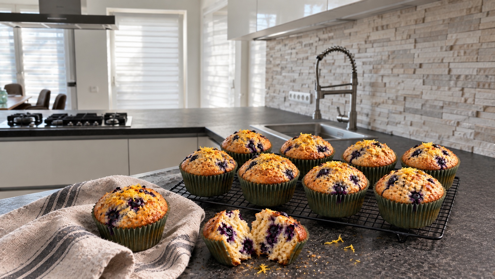 Skyr-Zitronen-Protein-Muffins mit Heidelbeeren auf Gregors Küchenarbeitsplatte